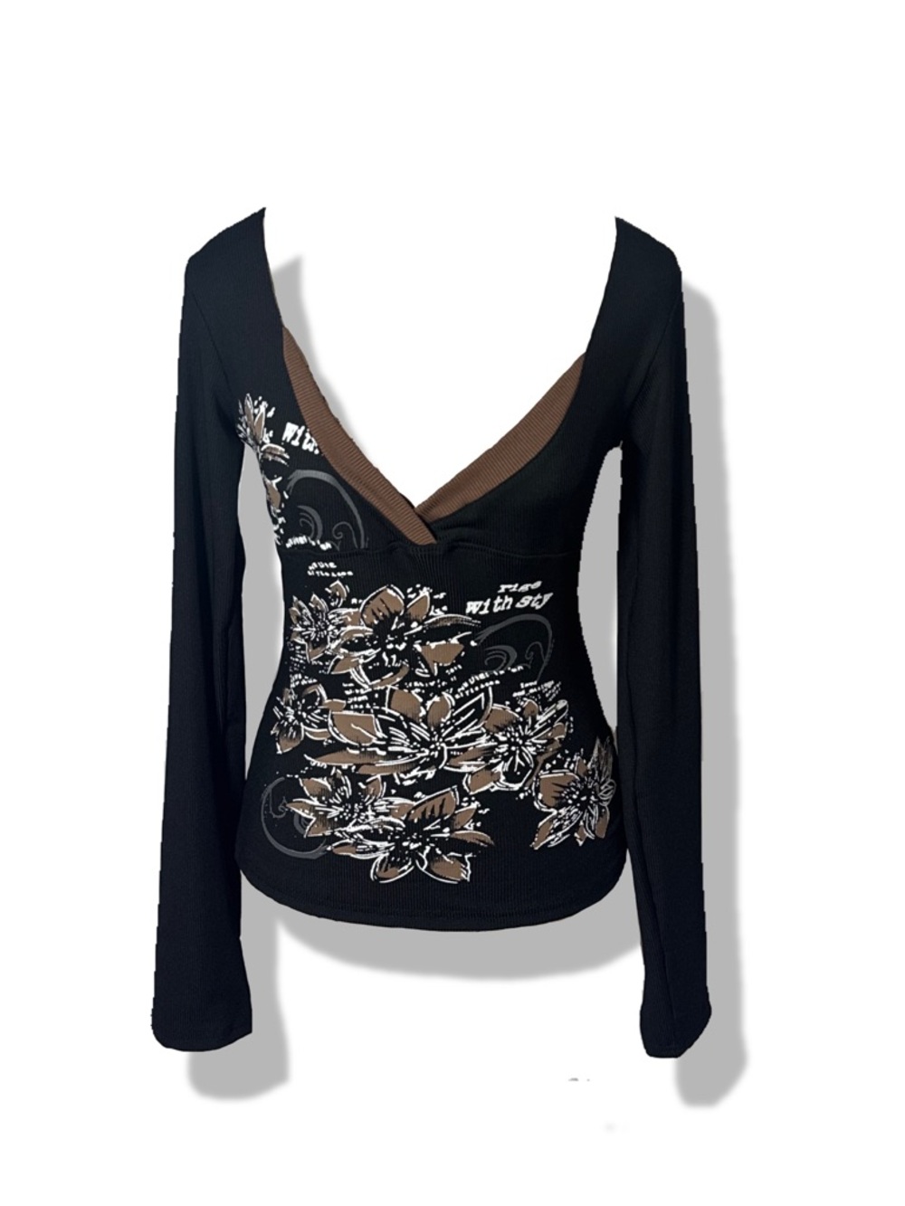 Black Floral V-Neck Long Sleeve Top